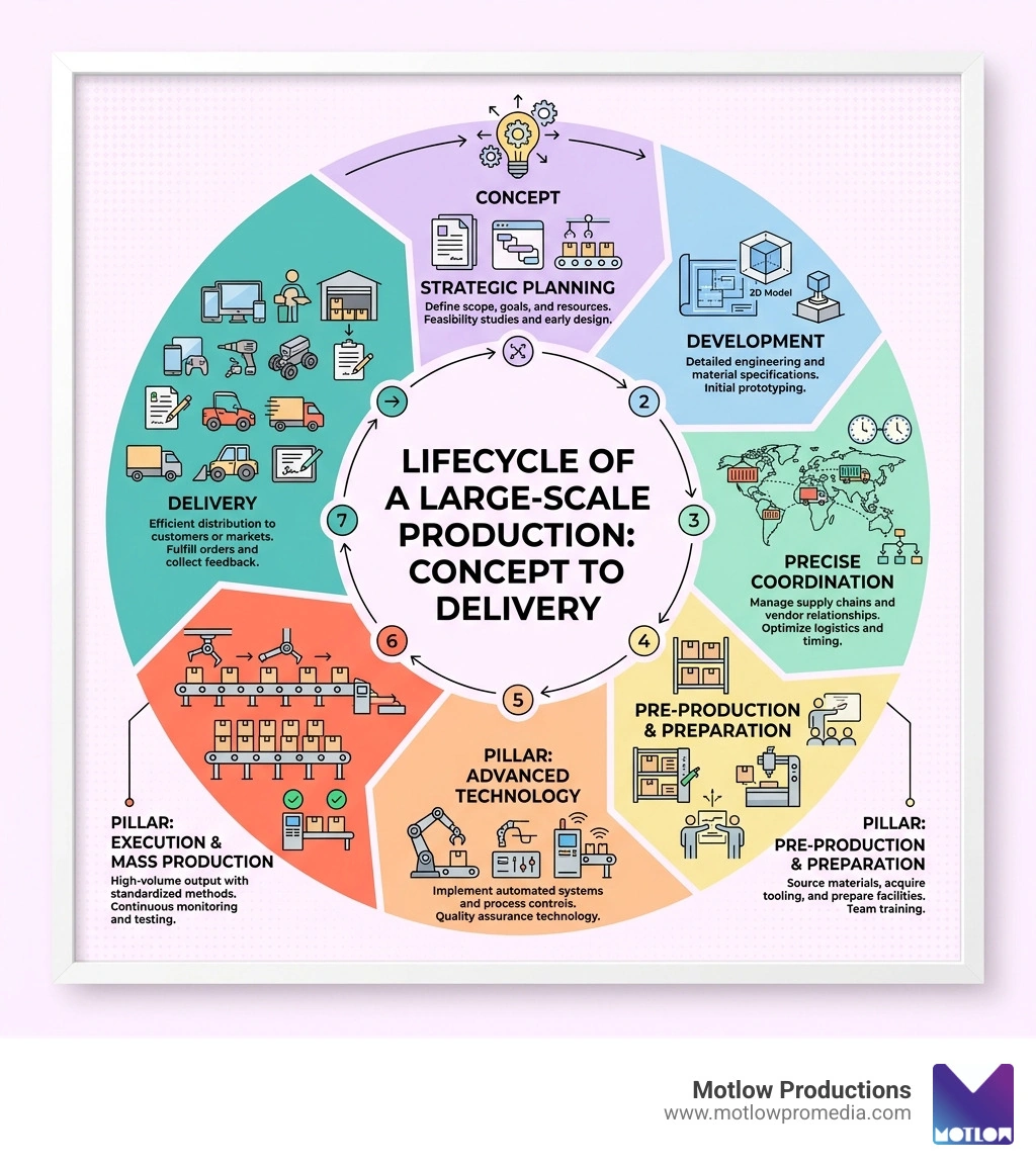 Infographic showing the lifecycle of a large-scale production from concept to delivery, with key pillars: planning Infographic showing the lifecycle of a large-scale production from concept to delivery, with key pillars: planning
