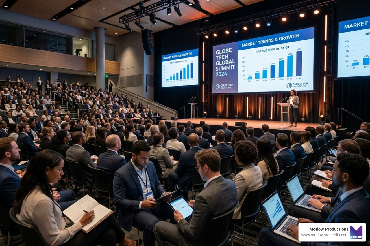 A flawlessly executed corporate summit with professional lighting, clear screens, and an engaged audience - Large scale A flawlessly executed corporate summit with professional lighting, clear screens, and an engaged audience - Large scale