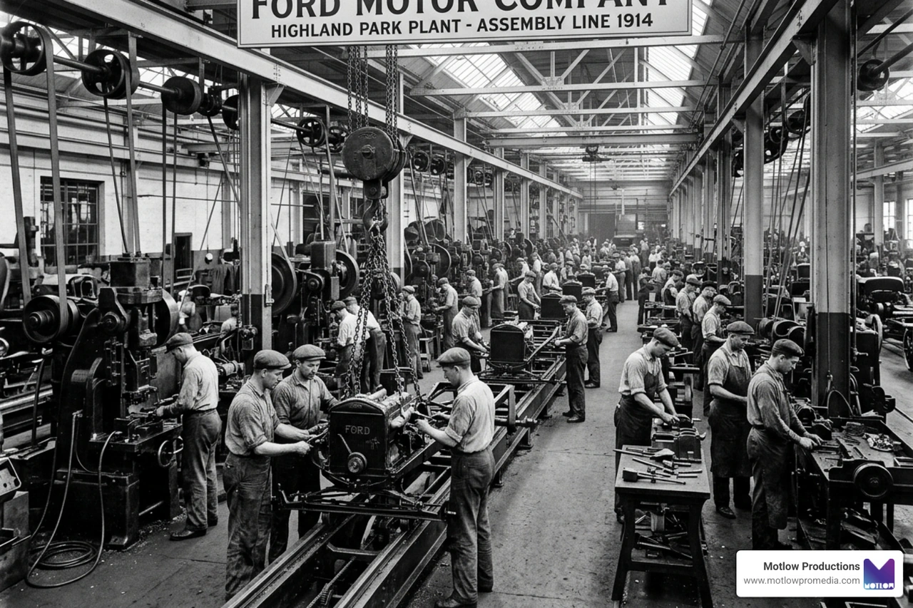Historic image of an early industrial assembly line with workers and large machinery - Large scale productions Historic image of an early industrial assembly line with workers and large machinery - Large scale productions