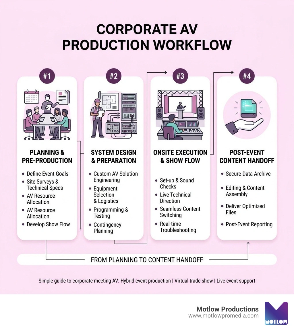 Corporate AV production workflow from planning to post-event content handoff - Corporate meeting AV infographic 