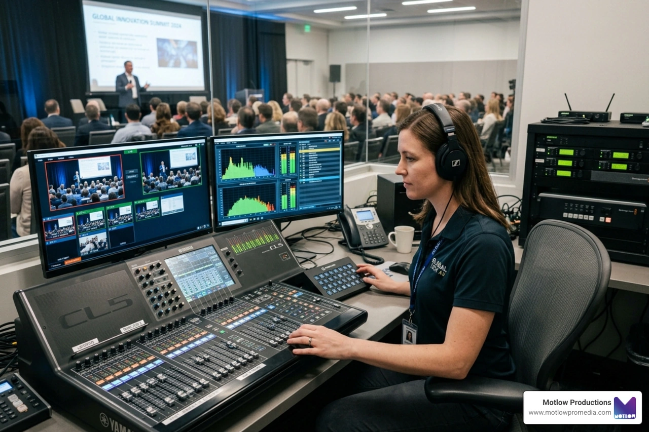 AV technician monitoring audio levels and video feeds during a live corporate session - Corporate meeting AV