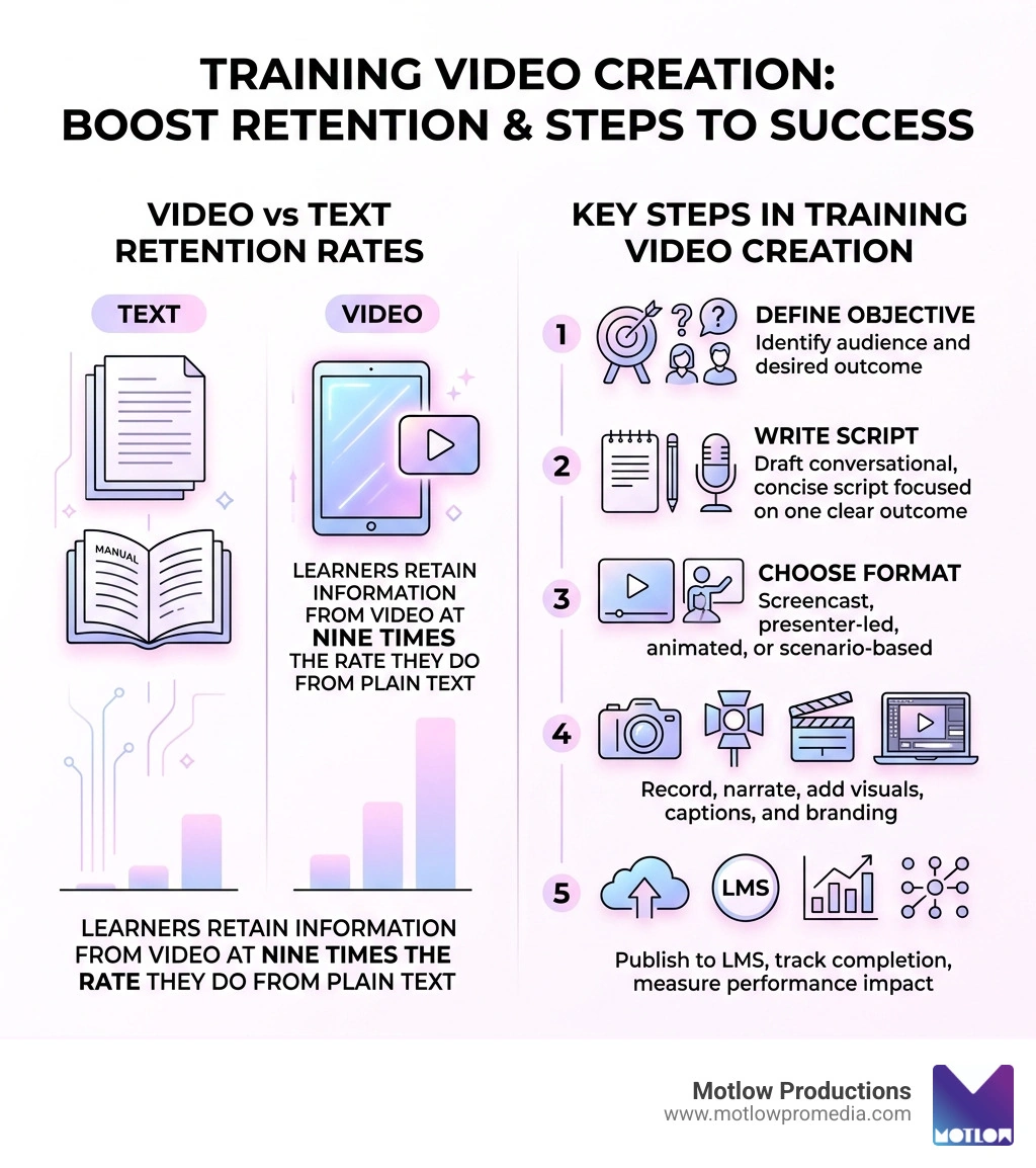 Infographic comparing video vs text retention rates and key steps in training video creation - Training video creation