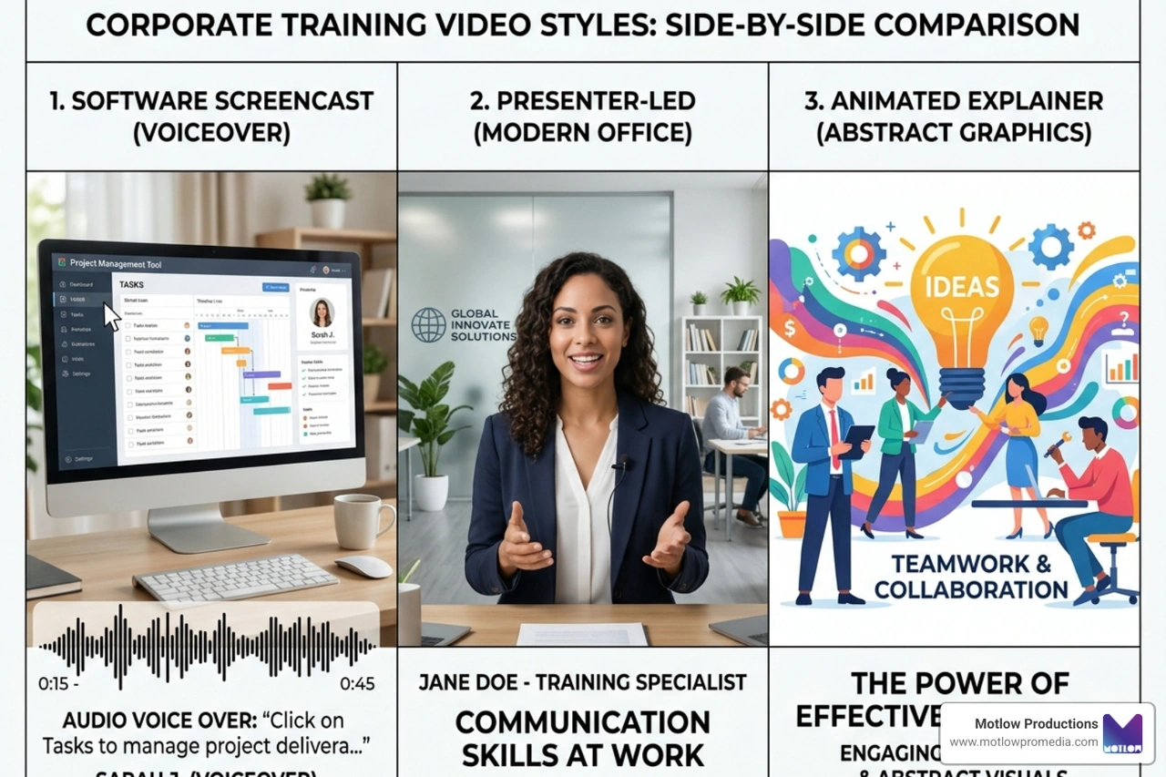 Comparison of different training video styles: screencast, presenter-led, and animation - Training video creation