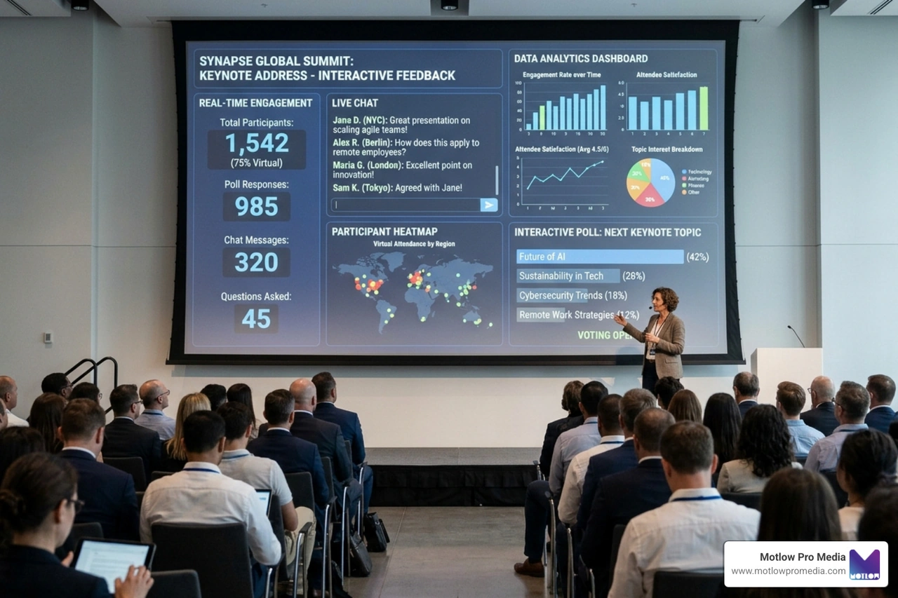 A hybrid event interface showing real-time attendee engagement and data analytics