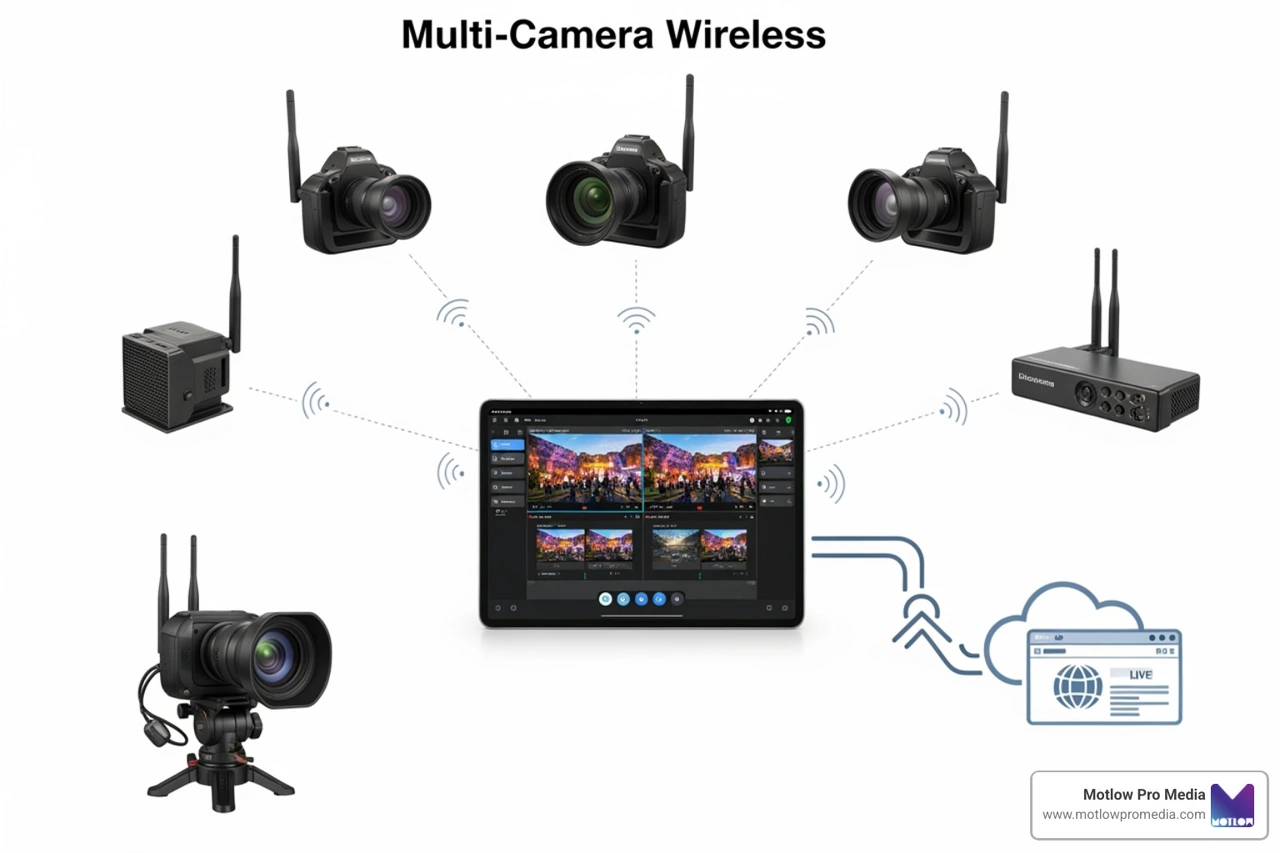 Diagram of a multi-camera wireless workflow showing cameras, a tablet switcher, and the final stream to the web