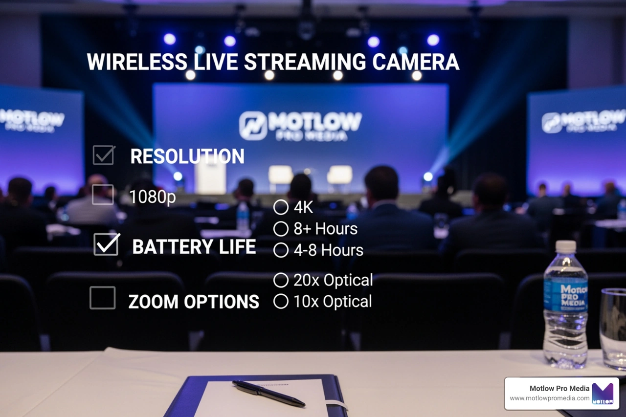 checklist of essential wireless camera features including resolution, battery, and zoom