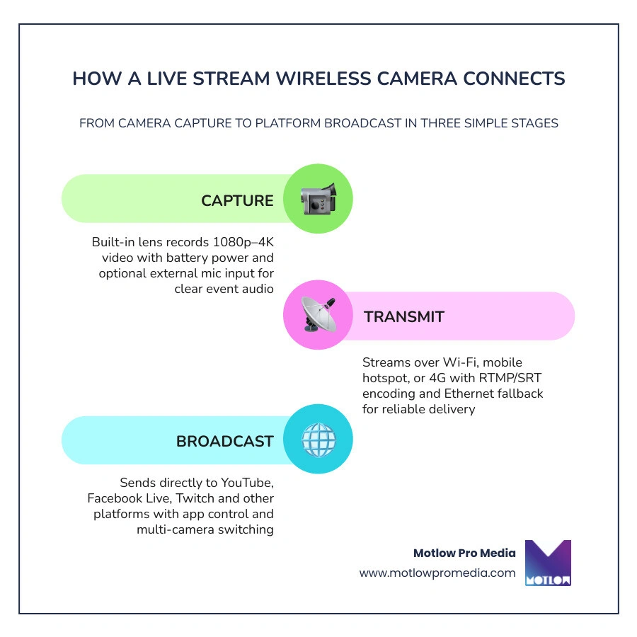 Infographic showing how a wireless streaming camera connects to Wi-Fi, audio sources, and streaming platforms infographic