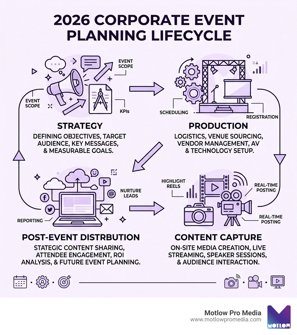 2026 corporate event planning lifecycle infographic showing phases: strategy, production, content capture, and post-event