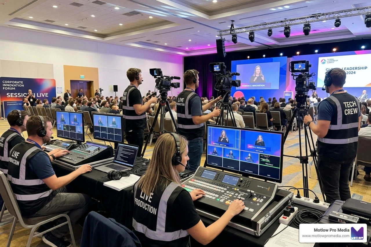 multi-camera production setup showing professional cameras, switchers, and operators at a corporate event