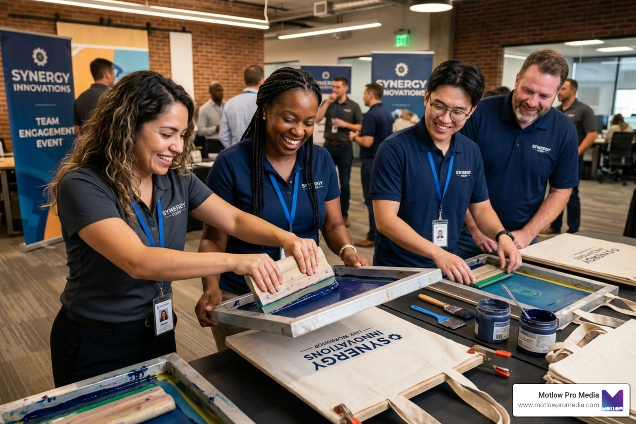 attendees participating in a live silk-screen workshop, printing custom logos on tote bags