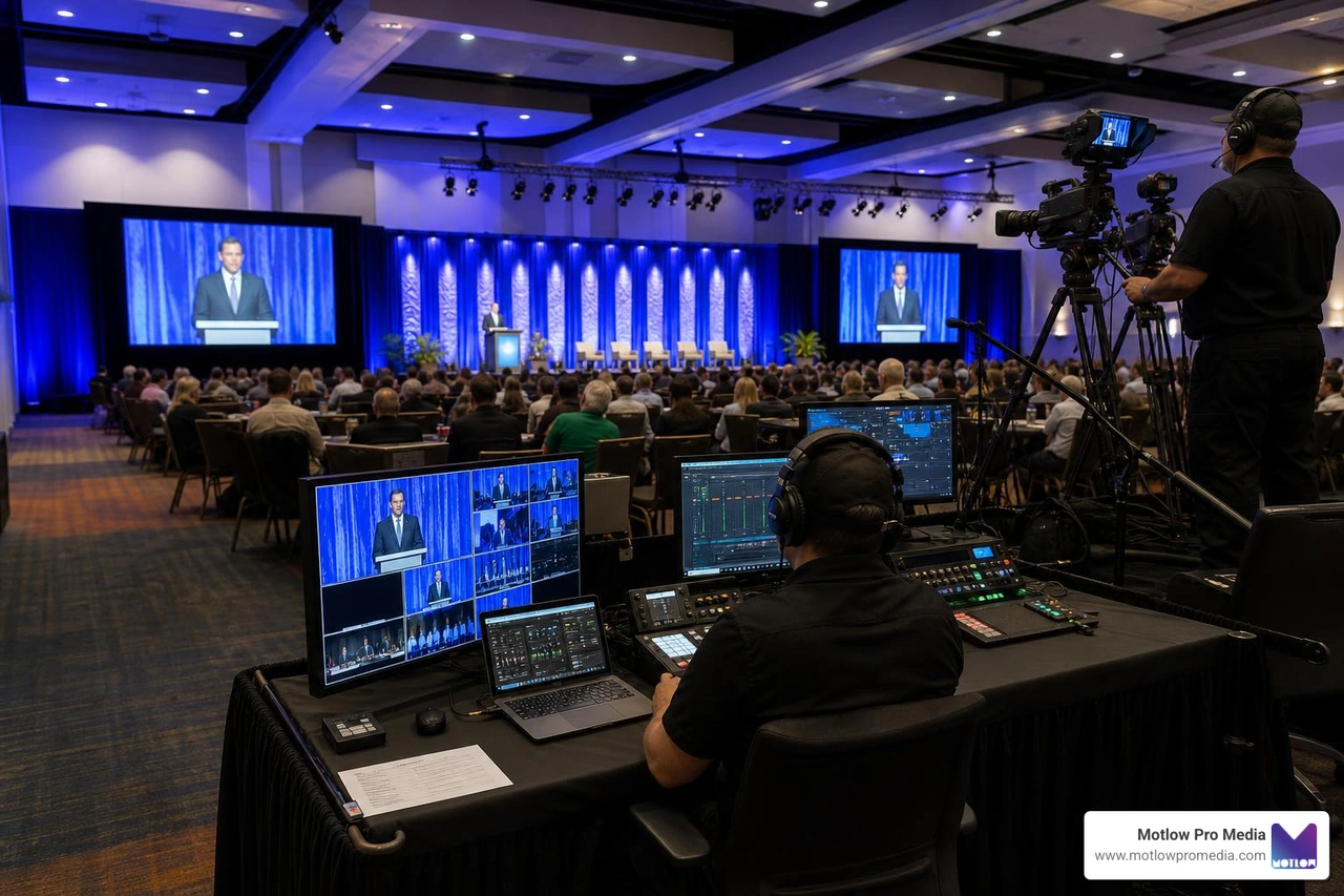 Professional multi-camera setup positioned at the back of a large conference hall at the Tampa Convention Center Professional multi-camera setup positioned at the back of a large conference hall at the Tampa Convention Center