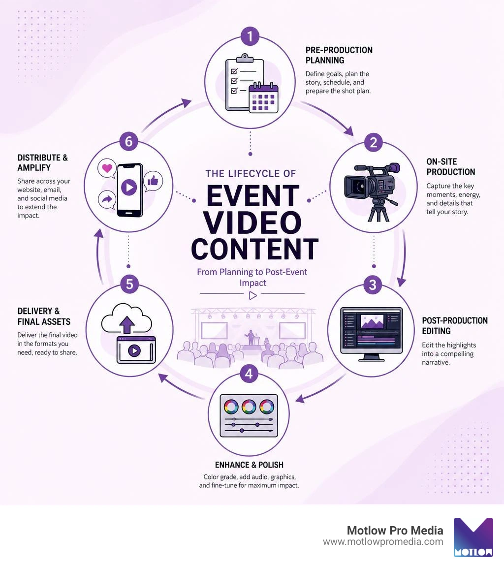 Lifecycle of event video content from pre-production planning to post-event social media distribution infographic Lifecycle of event video content from pre-production planning to post-event social media distribution infographic