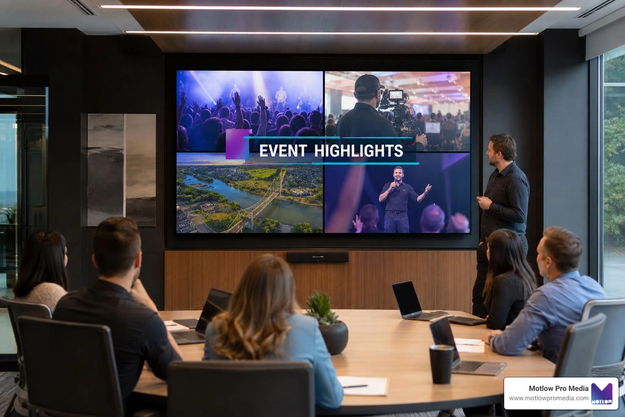 High-energy corporate event highlight video playing on a bright presentation screen High-energy corporate event highlight video playing on a bright presentation screen