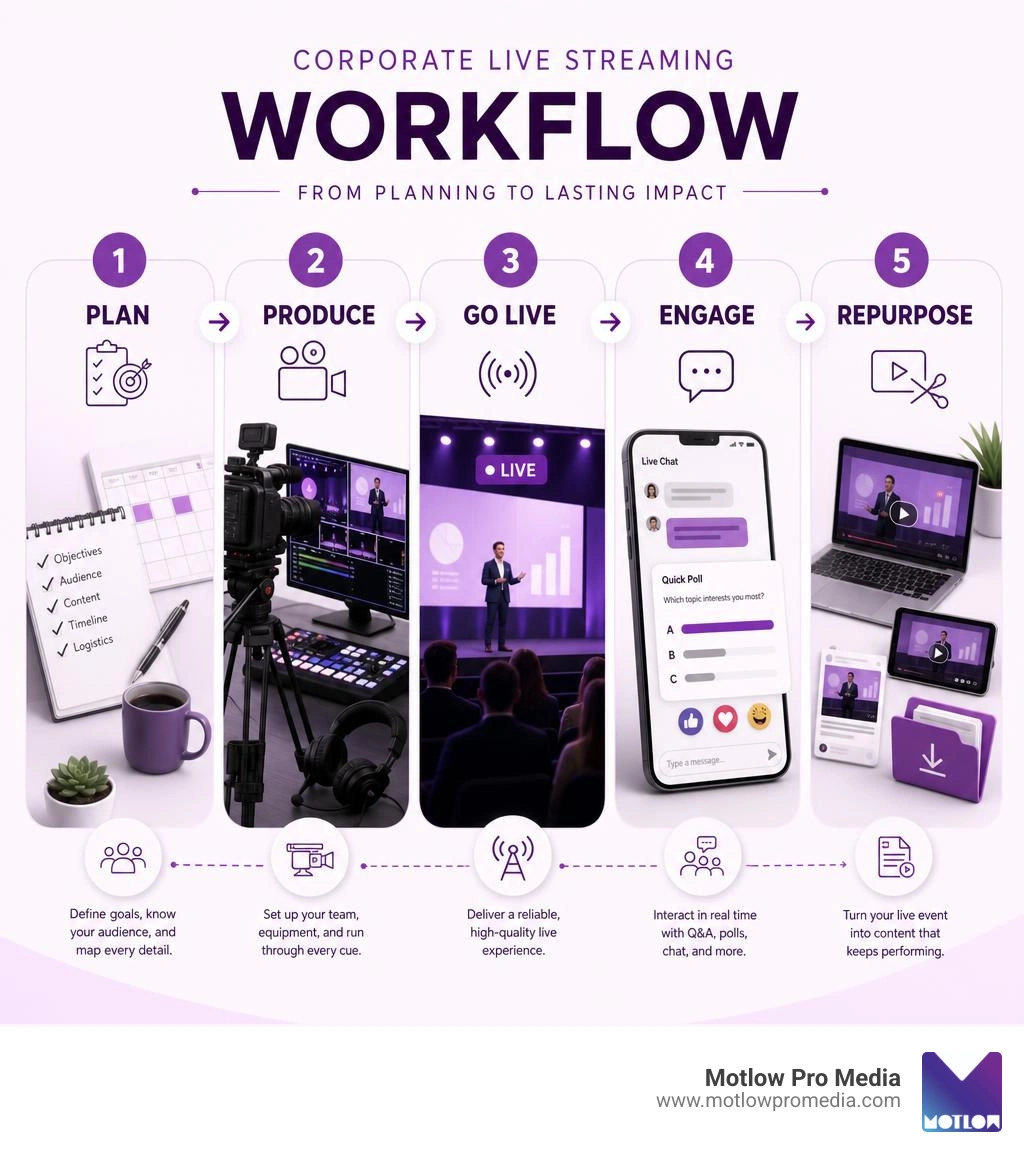 corporate live streaming workflow infographic: plan, produce, go live, engage, repurpose infographic