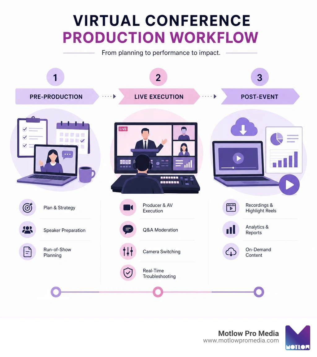 Virtual conference production workflow infographic showing pre-production, live execution, and post-event stages infographic