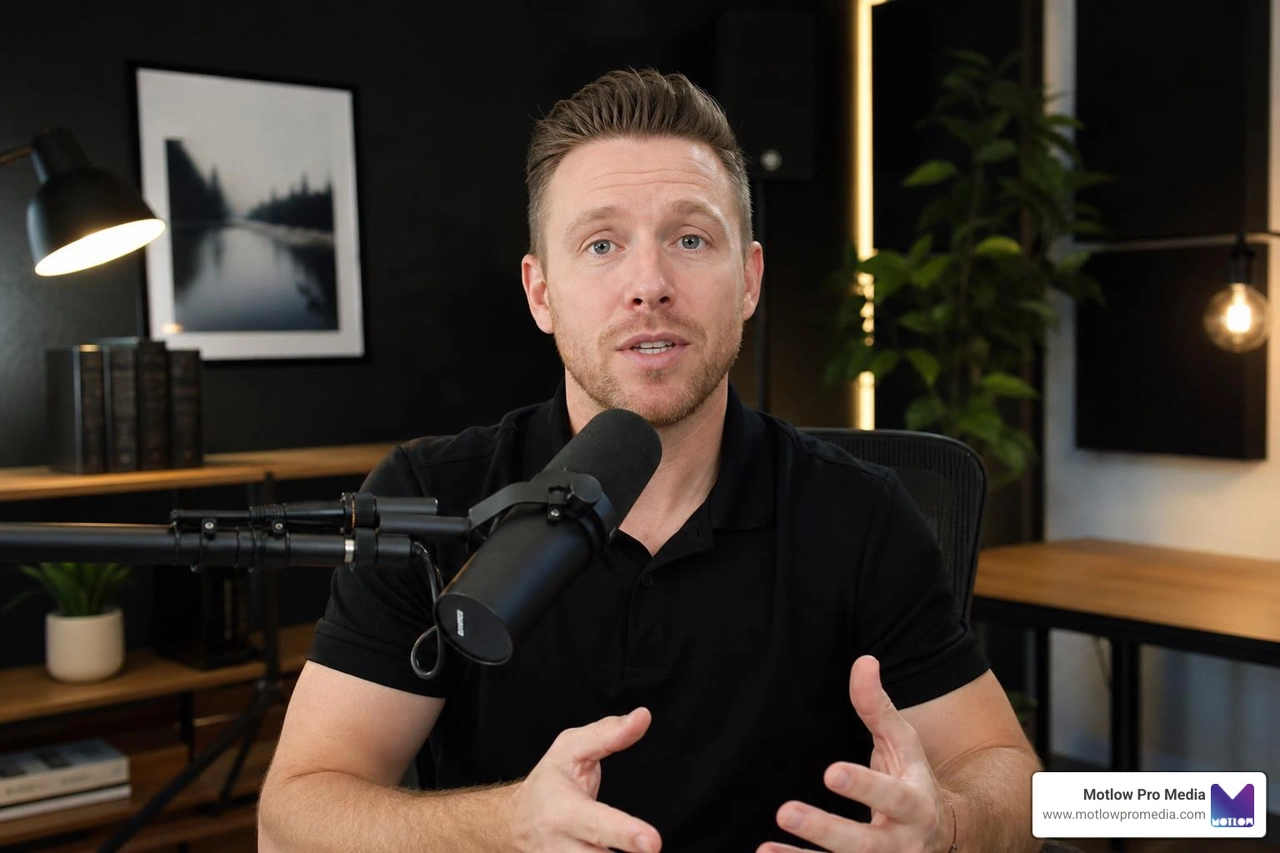 remote speaker setup with professional lighting and microphone