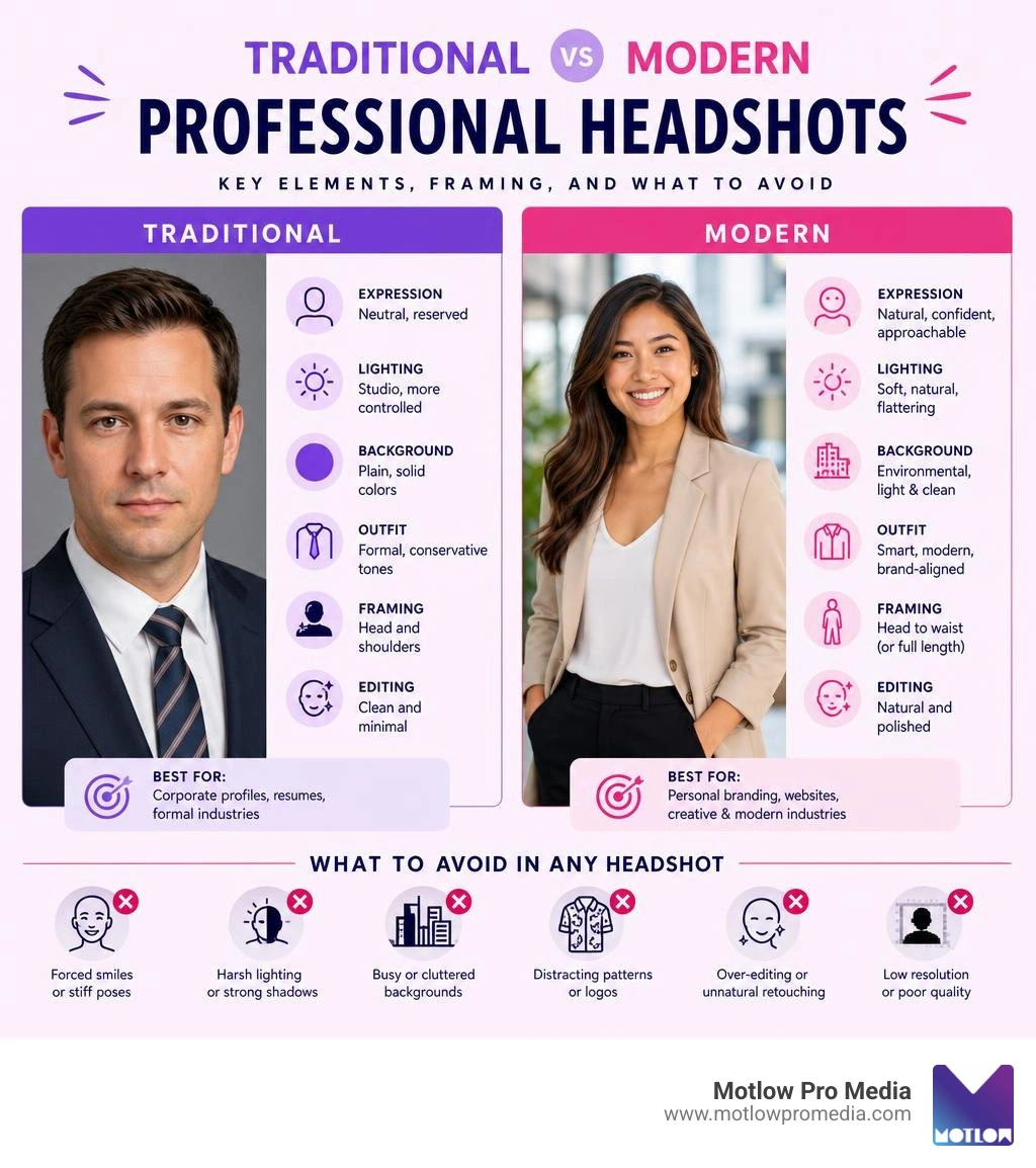 Infographic comparing traditional vs modern professional headshots: key elements, framing, and what to avoid infographic Infographic comparing traditional vs modern professional headshots: key elements, framing, and what to avoid infographic