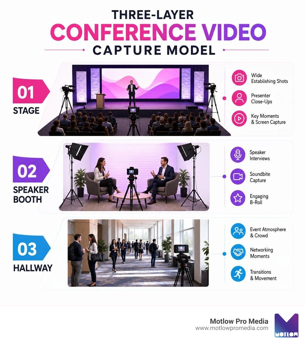 Three-layer conference video capture model: stage, speaker booth, hallway infographic