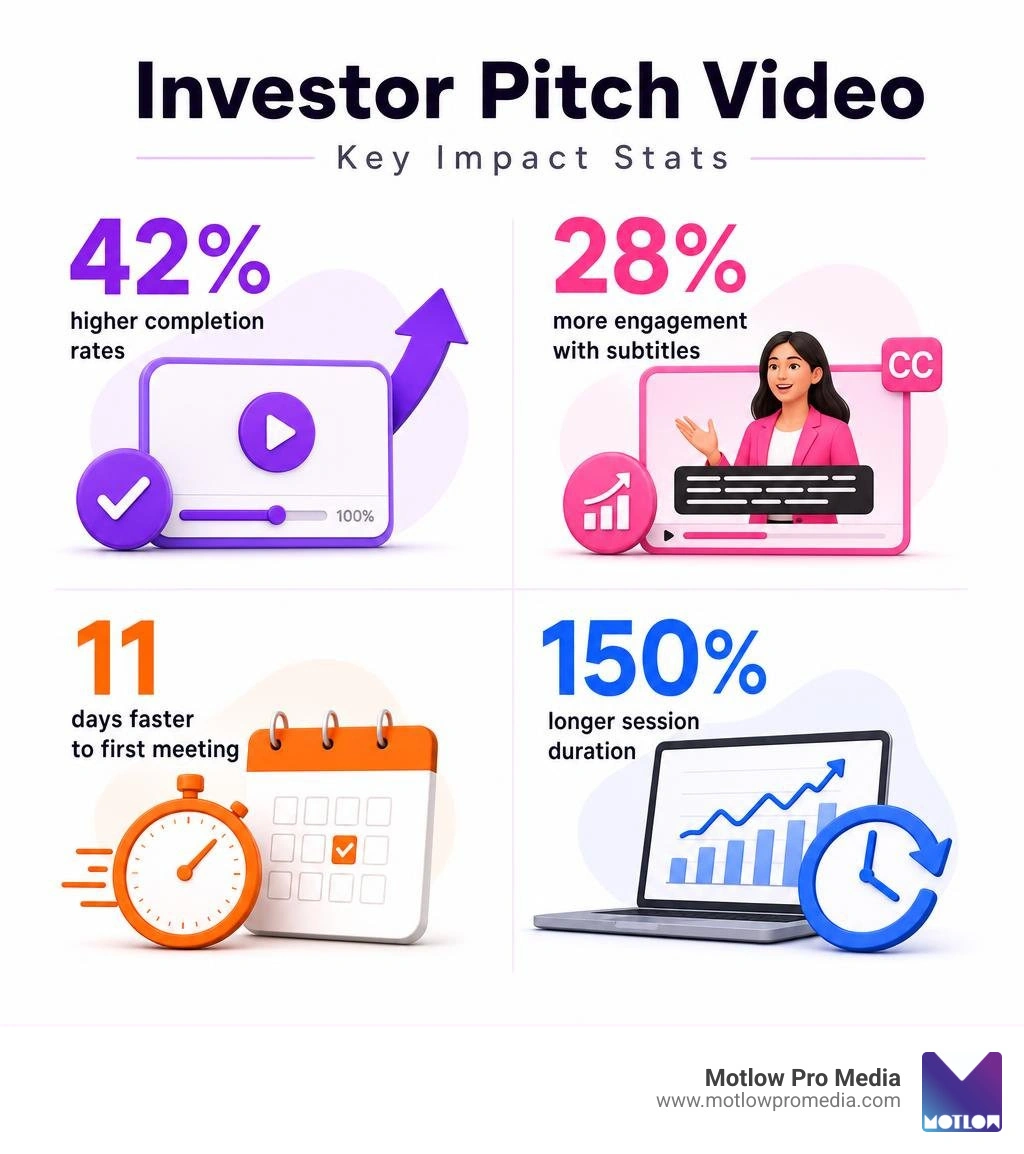 Infographic showing key investor pitch video stats: 42% higher completion rates, 28% more engagement with subtitles, 11 days
