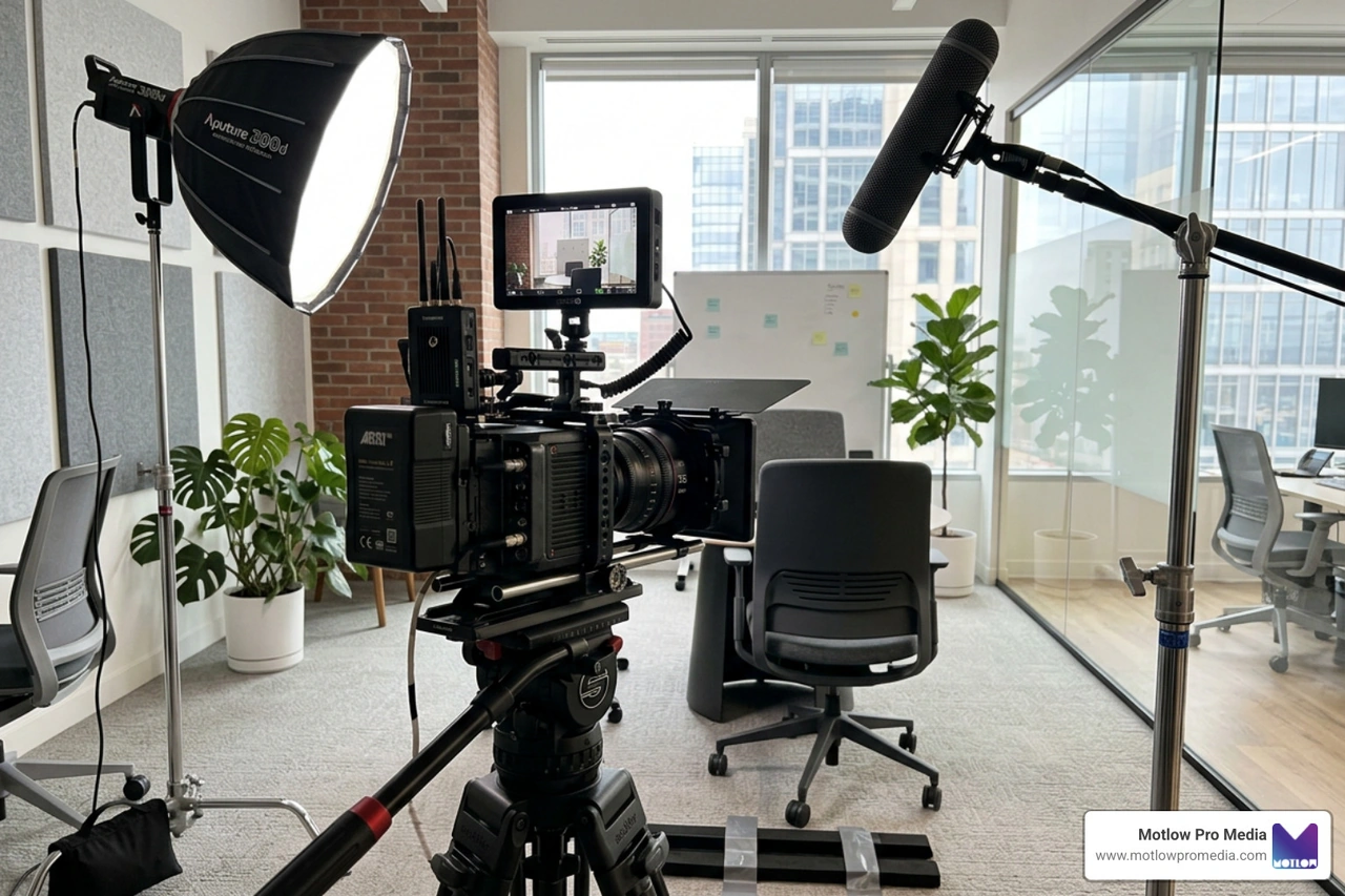 High quality video production setup featuring a professional camera on a tripod, studio lighting, and a high grade