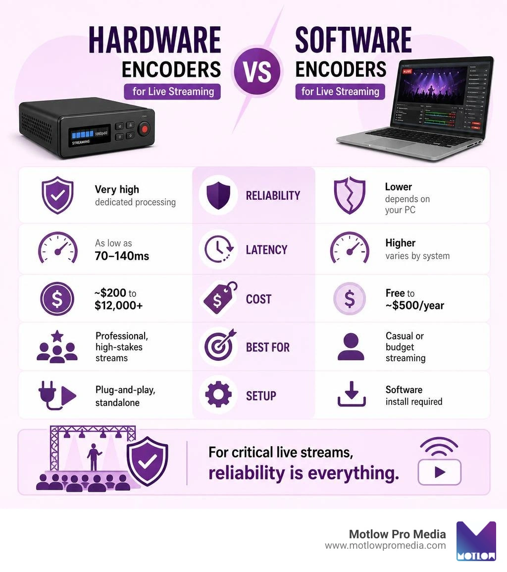 Infographic comparing hardware vs software encoders for live streaming: latency, cost, reliability, and use cases infographic