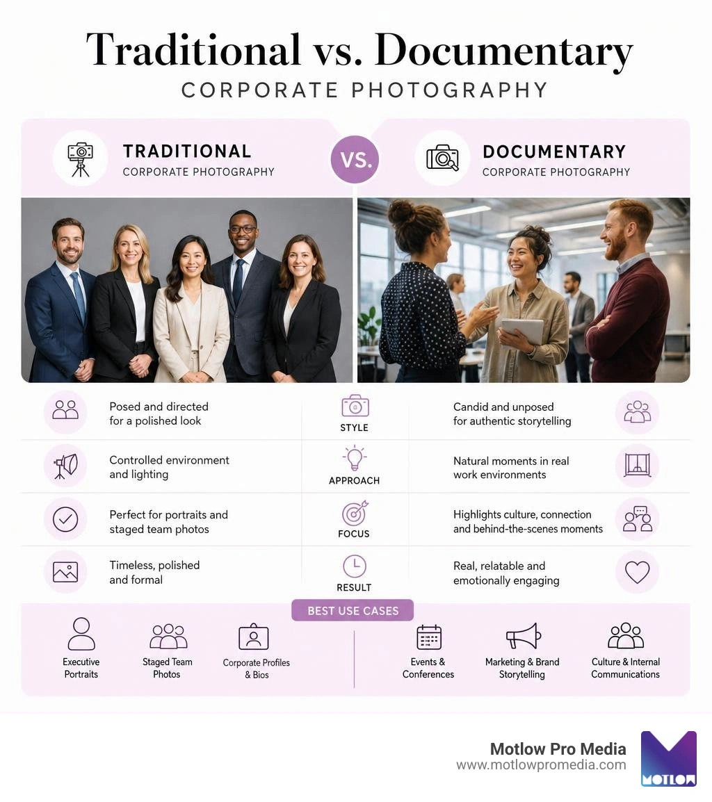 Infographic comparing traditional vs documentary corporate photography styles and use cases infographic Infographic comparing traditional vs documentary corporate photography styles and use cases infographic