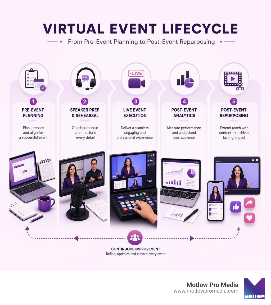 Virtual event lifecycle infographic: pre-event planning to post-event repurposing stages infographic Virtual event lifecycle infographic: pre-event planning to post-event repurposing stages infographic