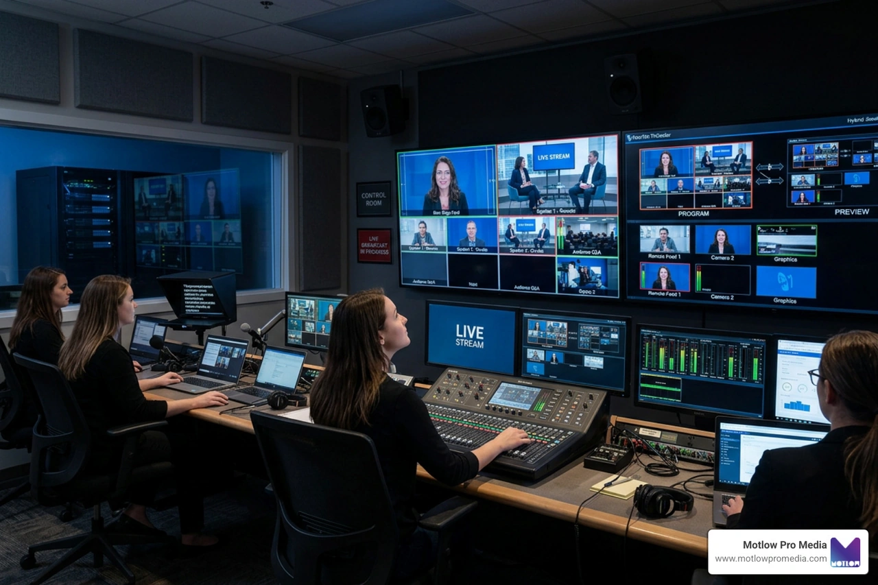 Live broadcast control room managing a multi-feed hybrid webinar Live broadcast control room managing a multi-feed hybrid webinar
