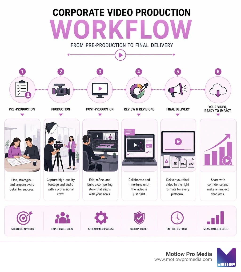 Corporate video production workflow from pre-production to final delivery infographic infographic