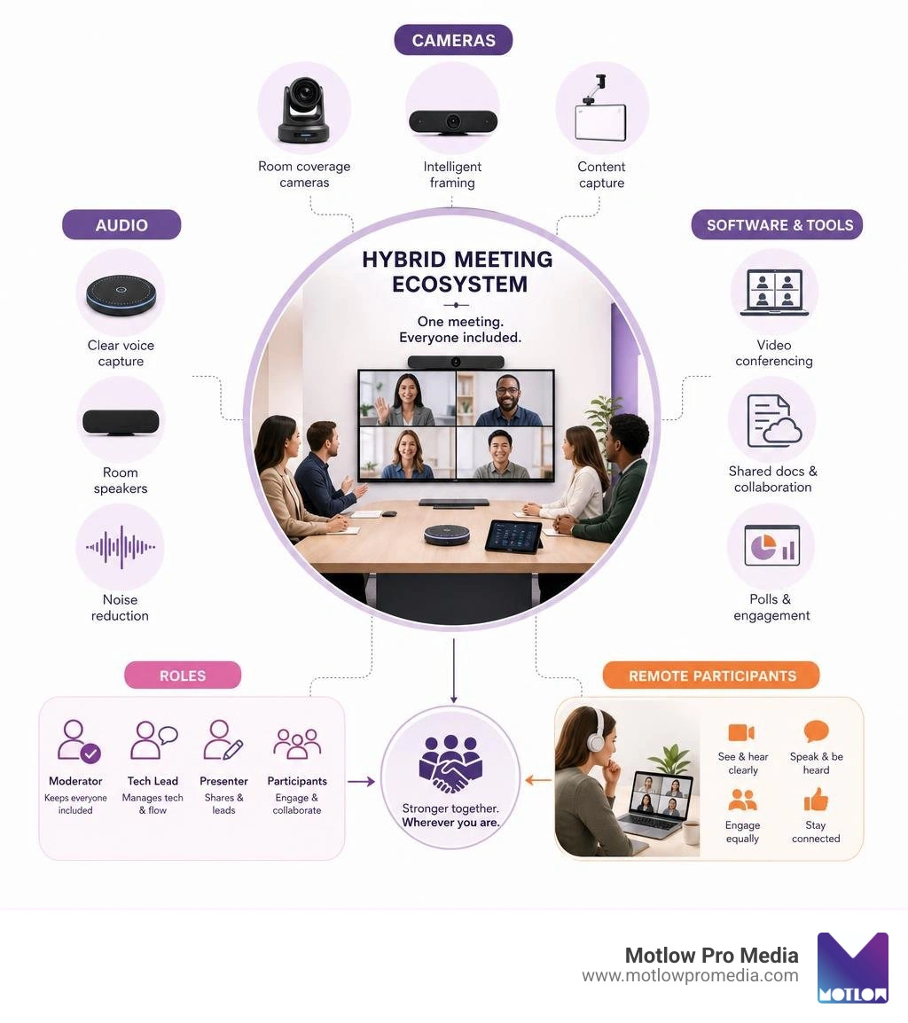 Hybrid meeting ecosystem infographic showing cameras, audio, software, roles, and remote participants infographic Hybrid meeting ecosystem infographic showing cameras, audio, software, roles, and remote participants infographic