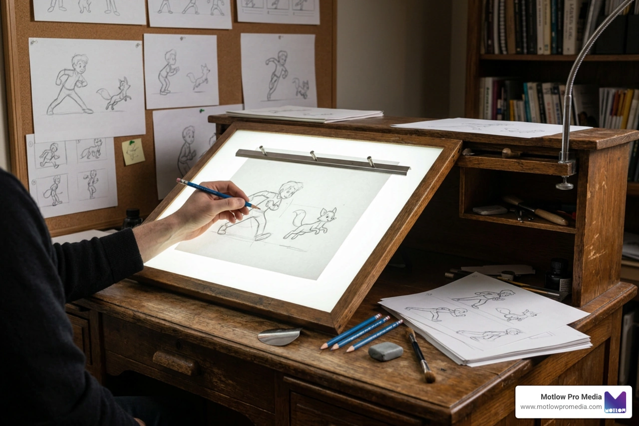 Classic animation desk with light box and sketches