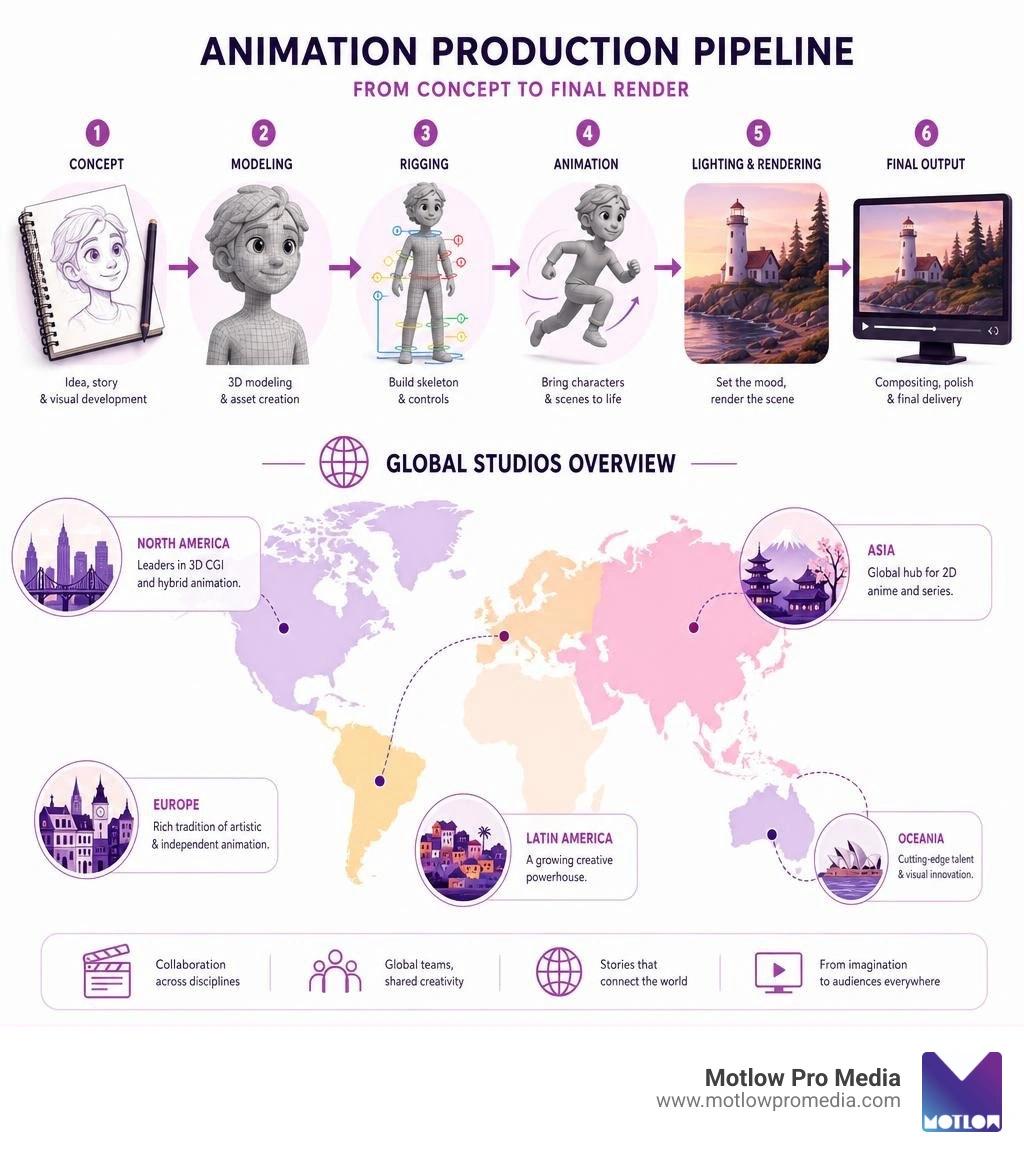 Animation production pipeline from concept to final render, global studios overview infographic