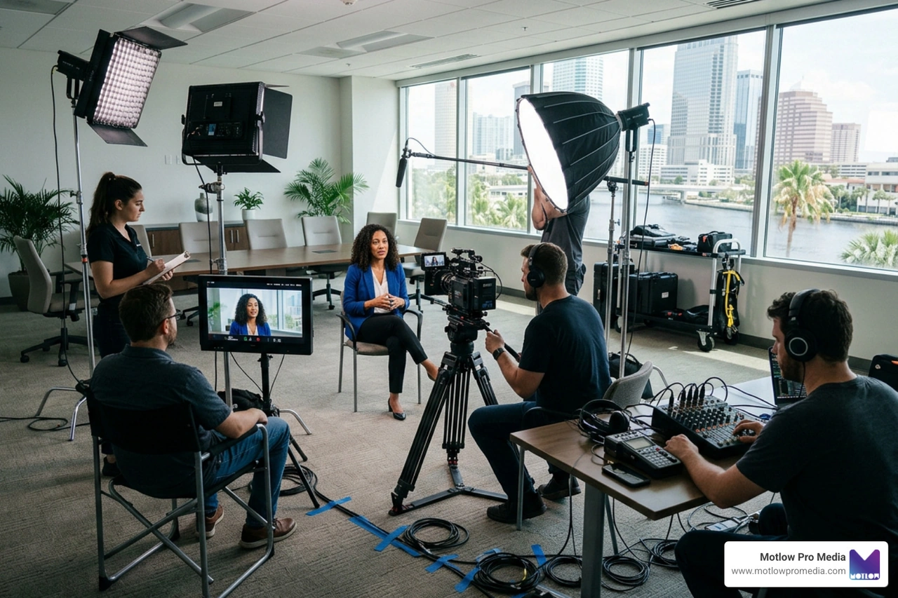 behind the scenes of a corporate video production set in Tampa Florida with cameras and lighting