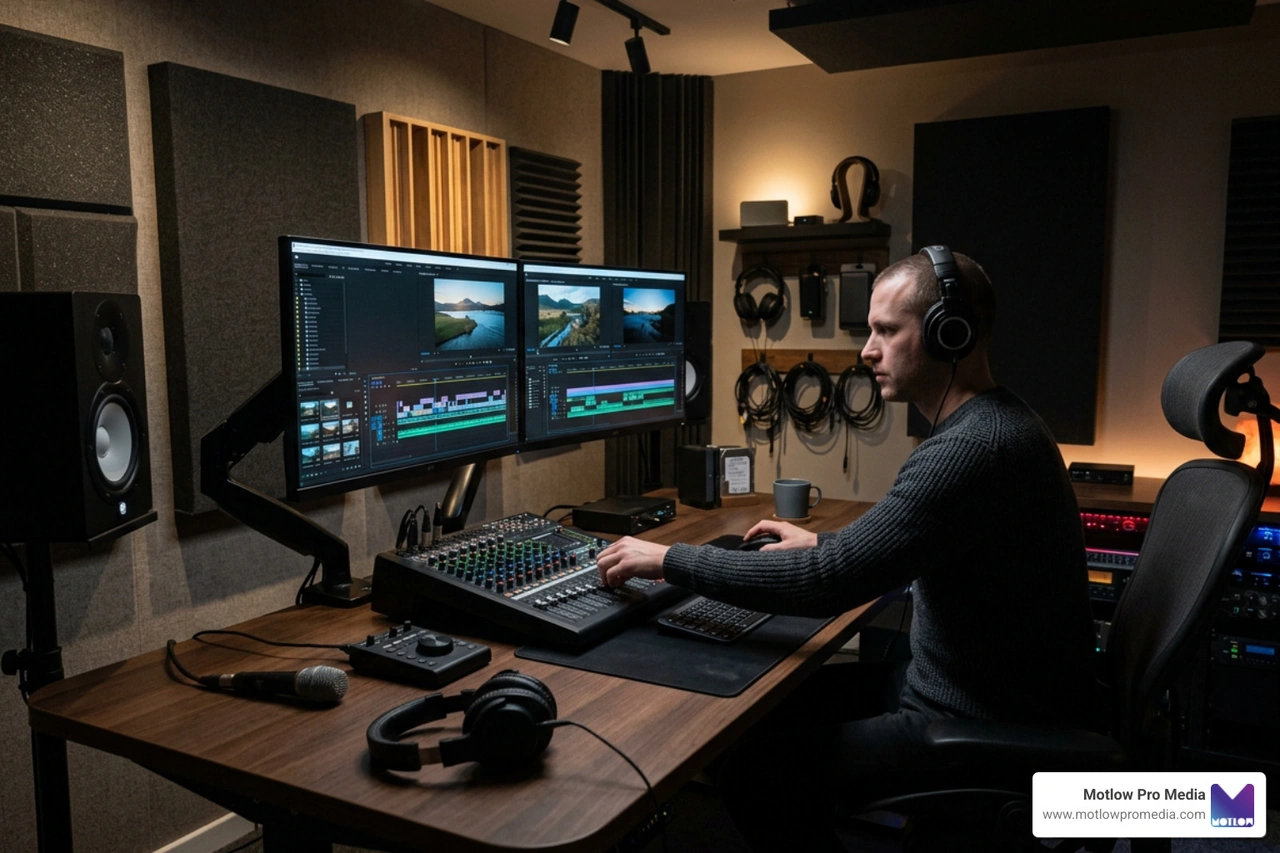 modern professional video editing suite with dual monitors and audio mixing equipment