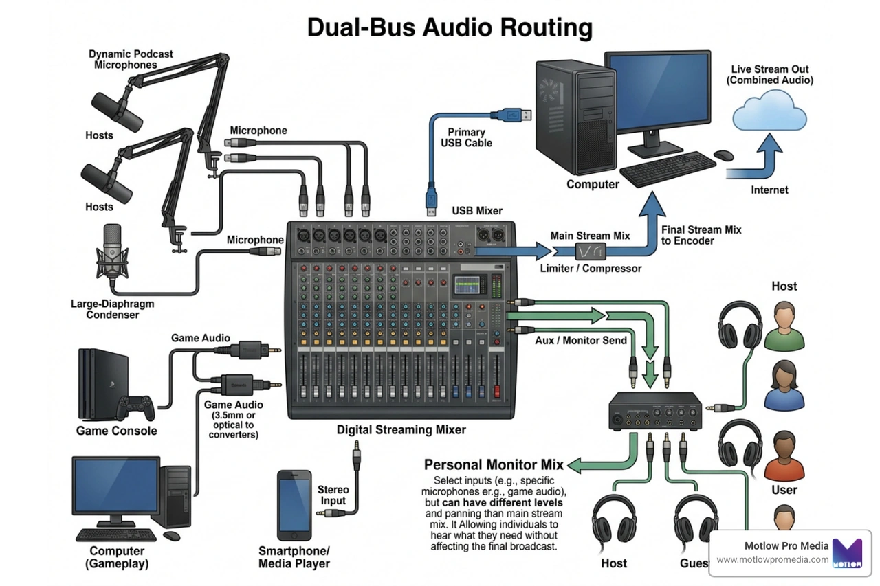 Diagram of a dual-bus audio routing setup for live streaming