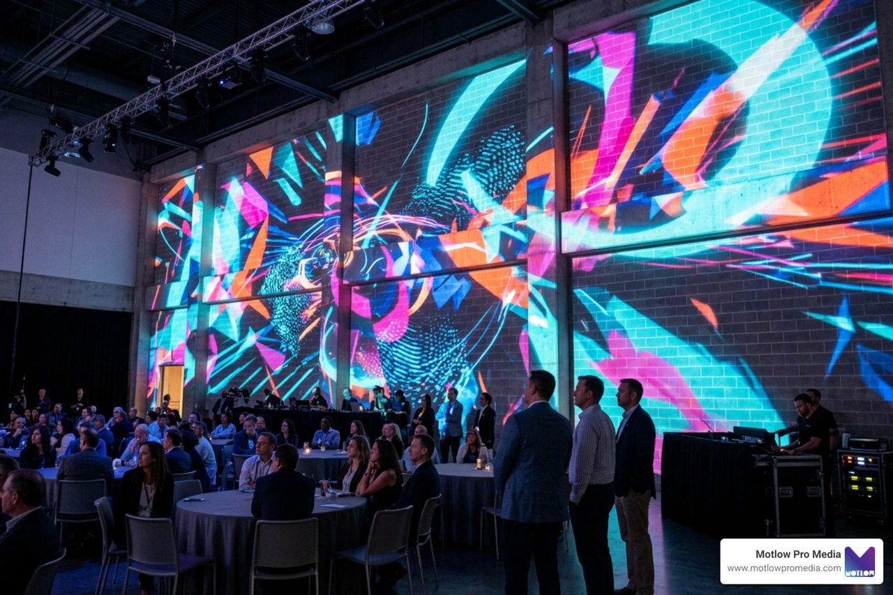 3D projection mapping on a venue wall showing dynamic brand graphics 3D projection mapping on a venue wall showing dynamic brand graphics