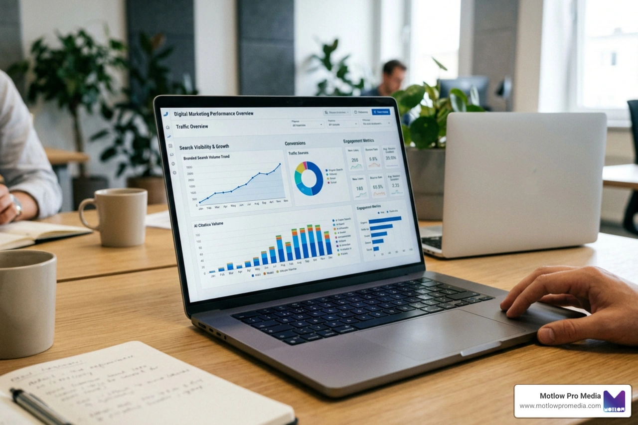 Digital marketing dashboard showing analytics for branded search and AI engine citations Digital marketing dashboard showing analytics for branded search and AI engine citations