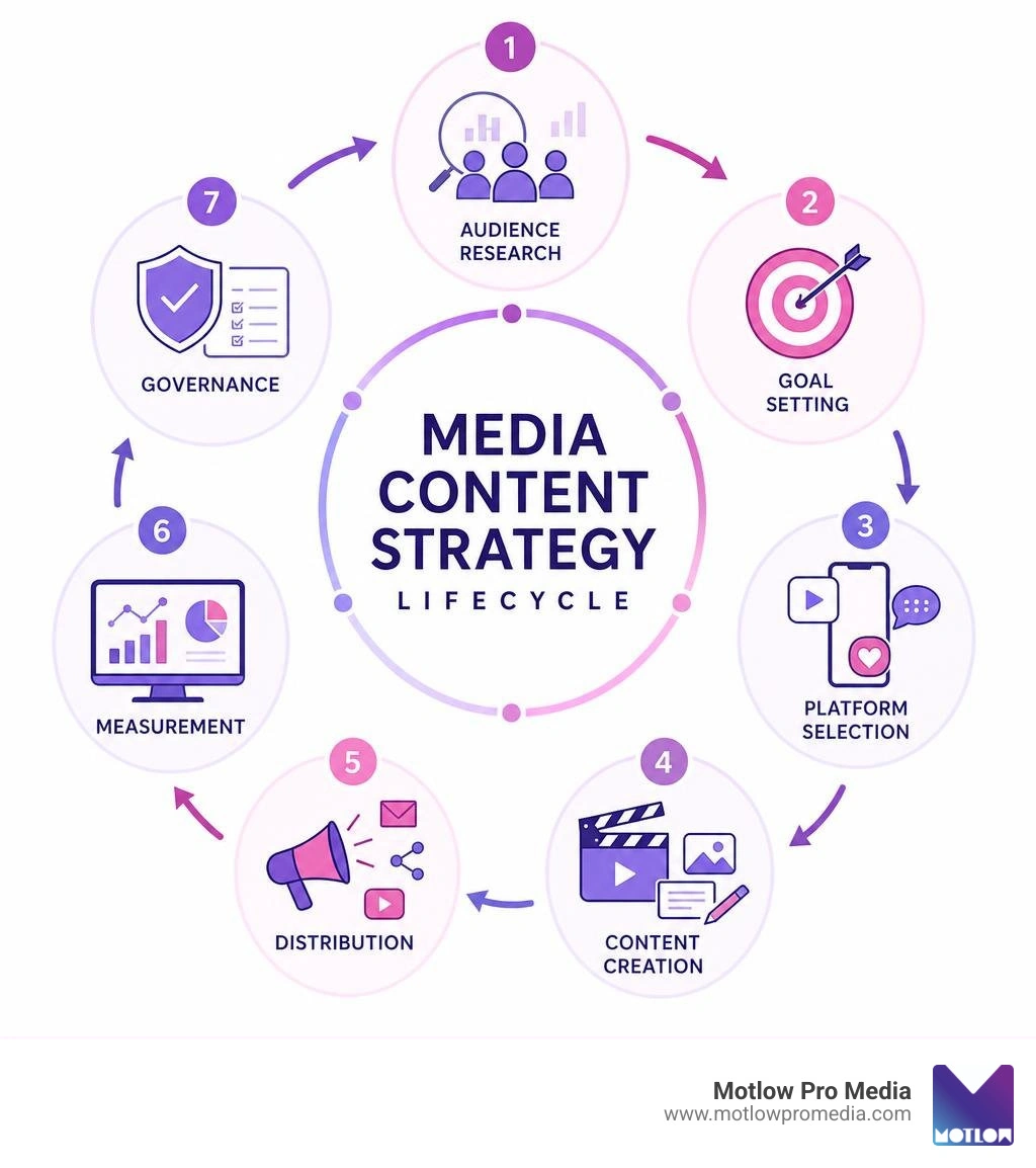 Media content strategy lifecycle infographic: Audience Research, Goal Setting, Platform Selection, Content Creation Media content strategy lifecycle infographic: Audience Research, Goal Setting, Platform Selection, Content Creation