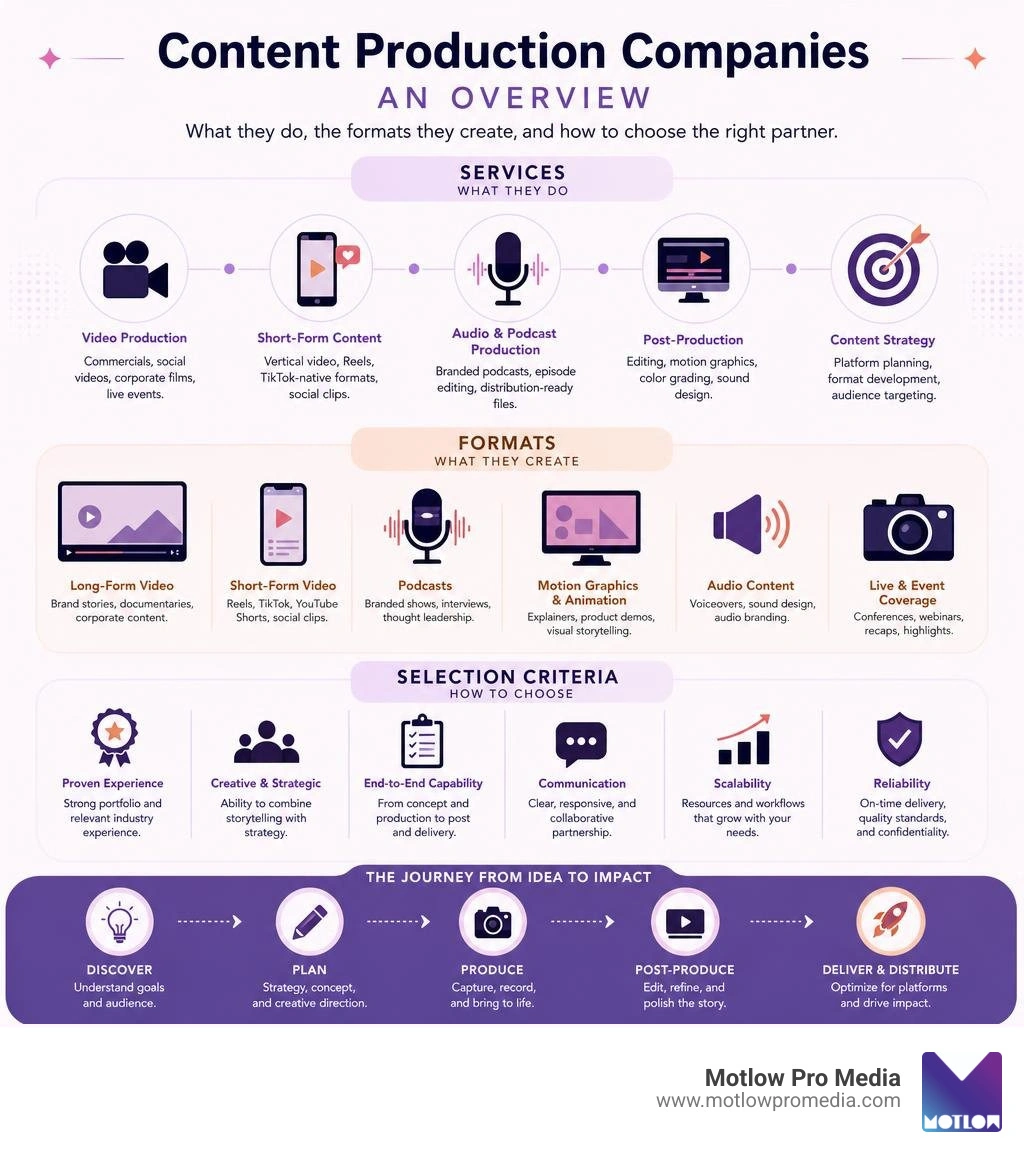 overview of content production companies services, formats, and selection criteria infographic