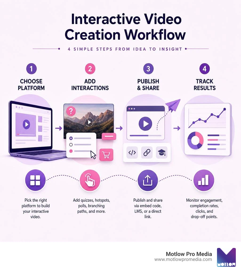 Interactive video creation workflow: choose platform, add interactions, publish, track results infographic Interactive video creation workflow: choose platform, add interactions, publish, track results infographic