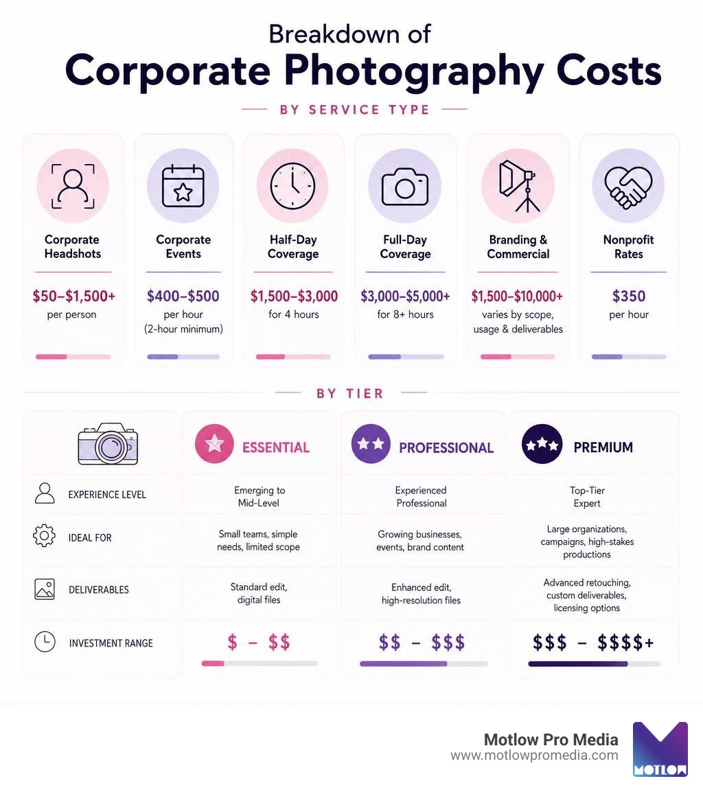 Breakdown of corporate photography costs by service type and tier infographic Breakdown of corporate photography costs by service type and tier infographic