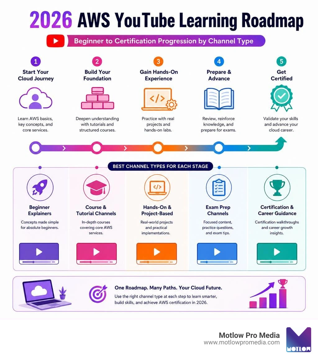 2026 AWS YouTube learning roadmap showing beginner to certification progression by channel type infographic 2026 AWS YouTube learning roadmap showing beginner to certification progression by channel type infographic