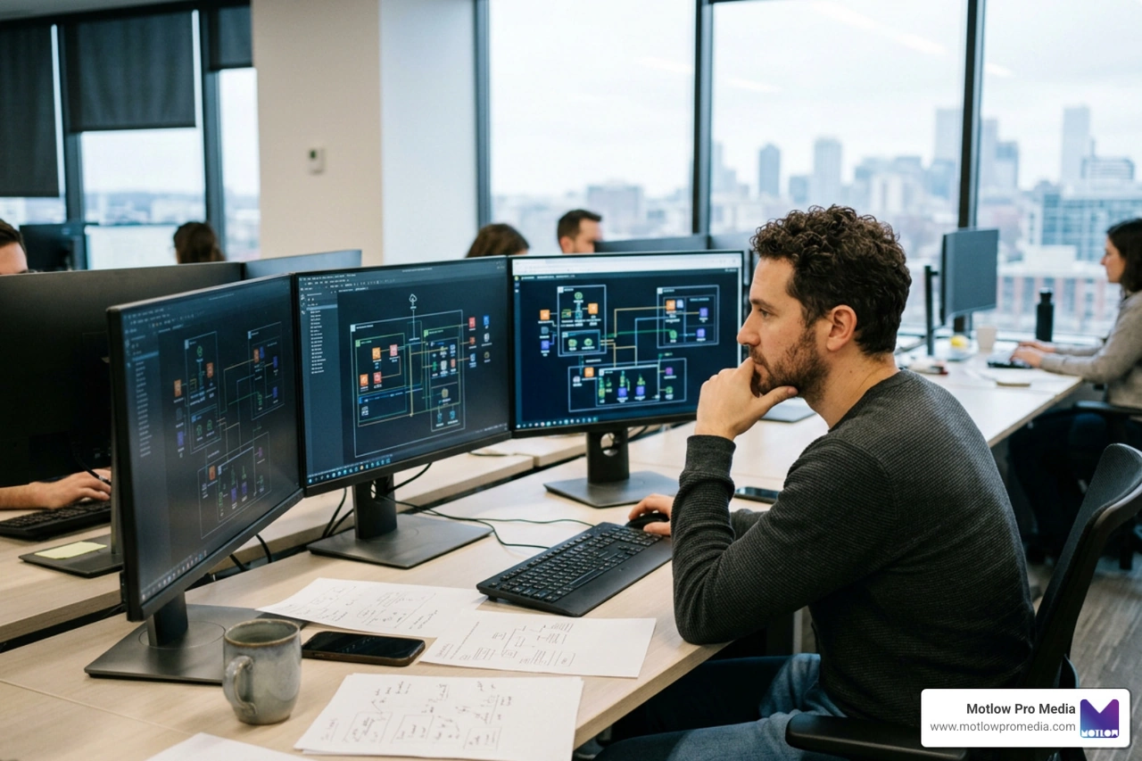 cloud engineer analyzing complex AWS architecture in a modern workspace cloud engineer analyzing complex AWS architecture in a modern workspace