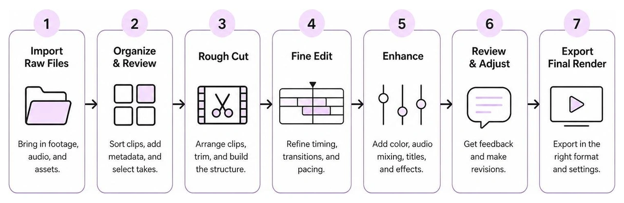 Step-by-step process of editing a video from raw files to final render Step-by-step process of editing a video from raw files to final render