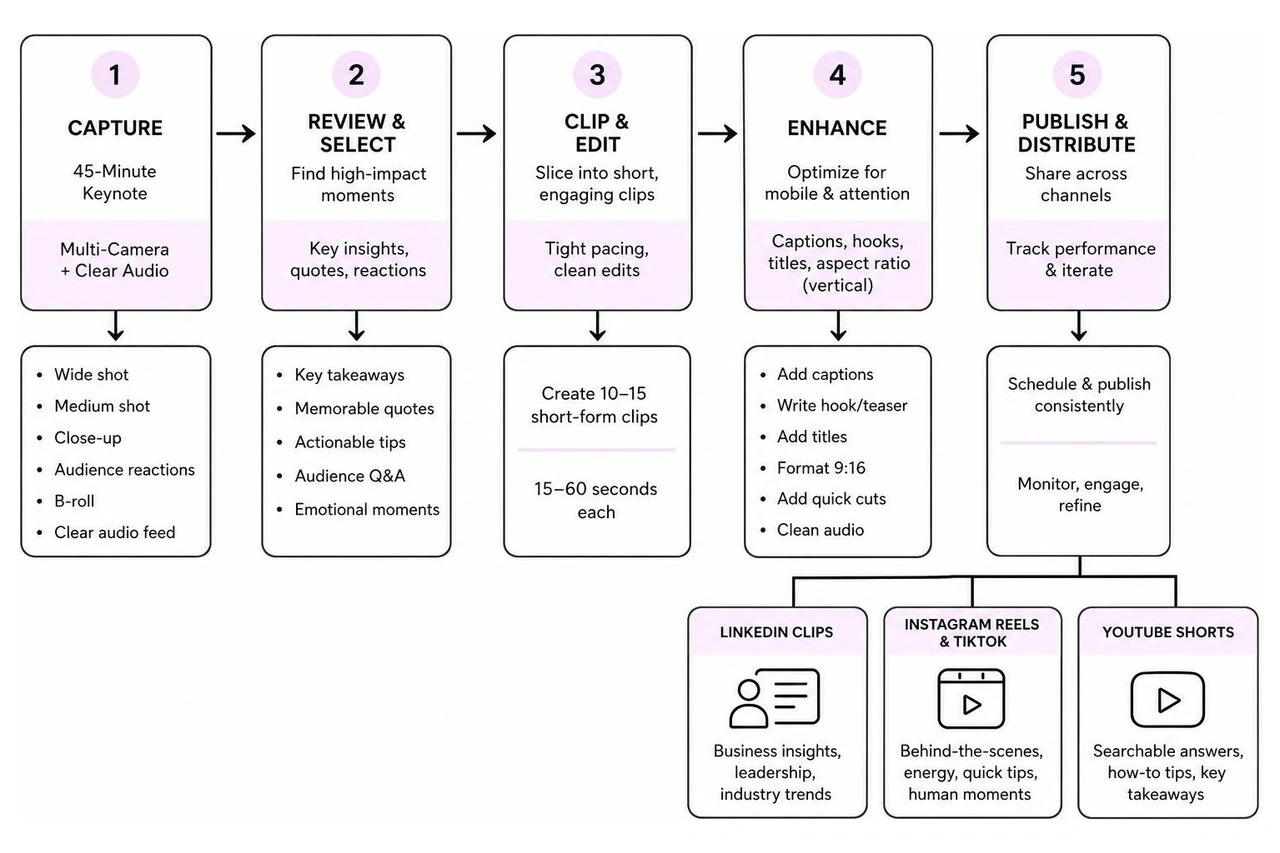 Process of repurposing a 45-minute keynote into multi-channel short-form content Process of repurposing a 45-minute keynote into multi-channel short-form content
