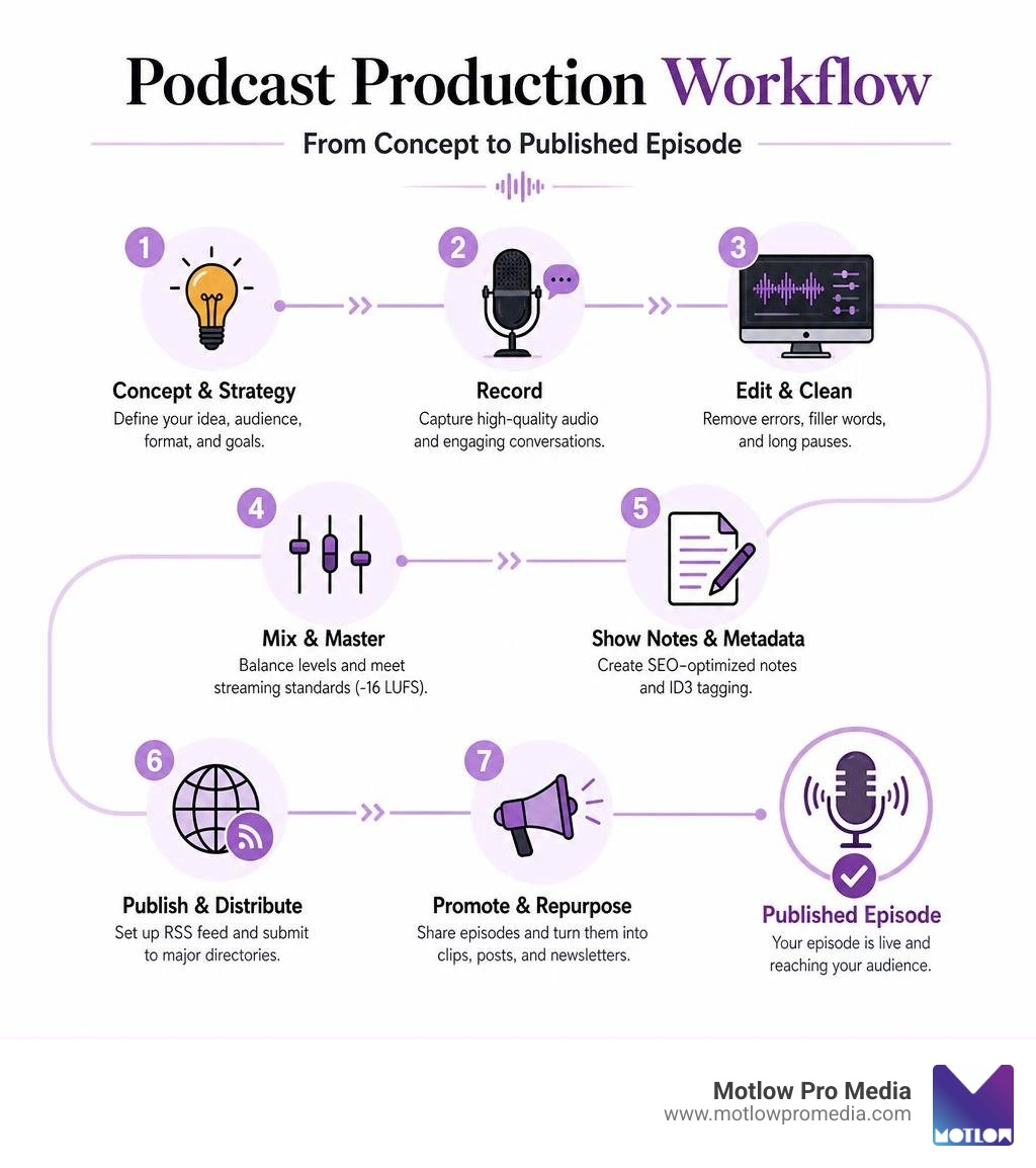 Podcast production workflow from concept to published episode infographic infographic Podcast production workflow from concept to published episode infographic infographic