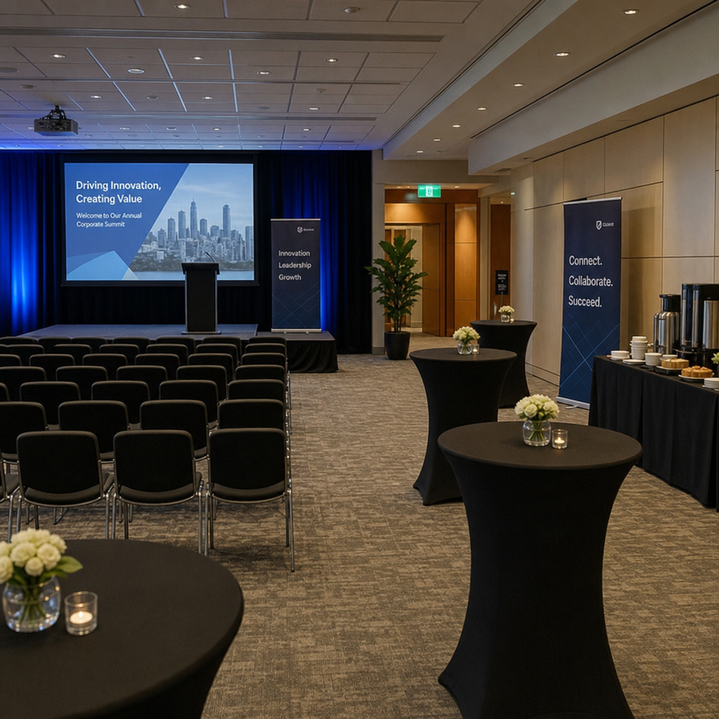Corporate event setup with presentation seating and networking area