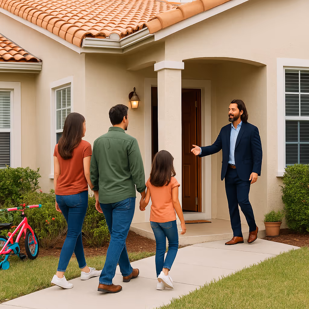 Rudy showing a family to the front door of an open house