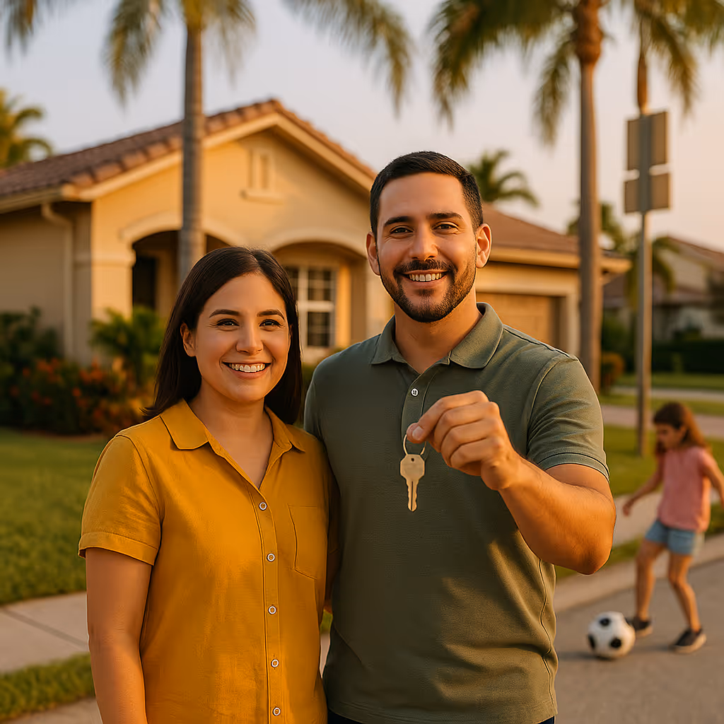 A happy family holding the keys in front of their new home