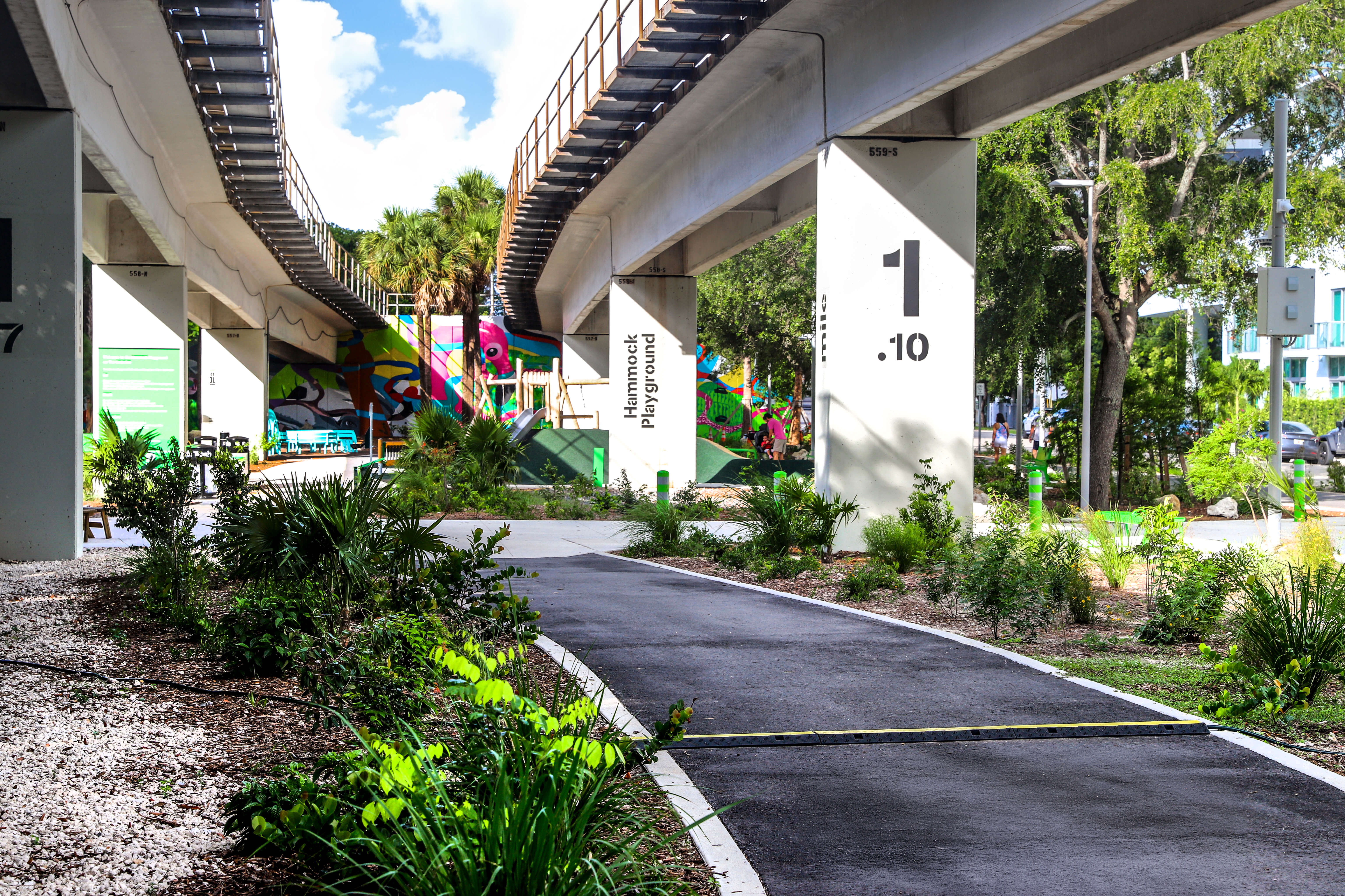 Pathway running under a railway bridge with greenery on both sides and Hammock Playground visible with colorful graffiti in the background.
